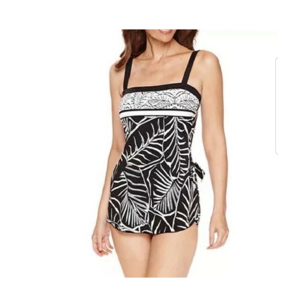 Le Cove Swimdress Womens 20W Black White Palm Print Sarong Wrap One Piece